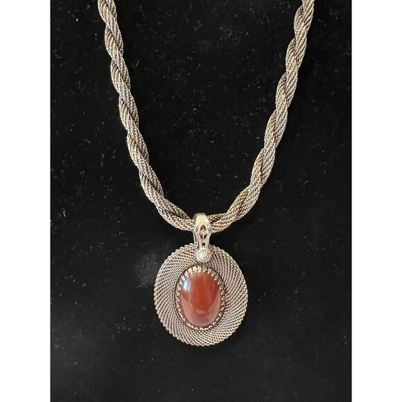 NWT Anne Klein Silver Tone Twisted Rope Necklace Brown Cabochon Stone Pendant - Picture 4 of 6